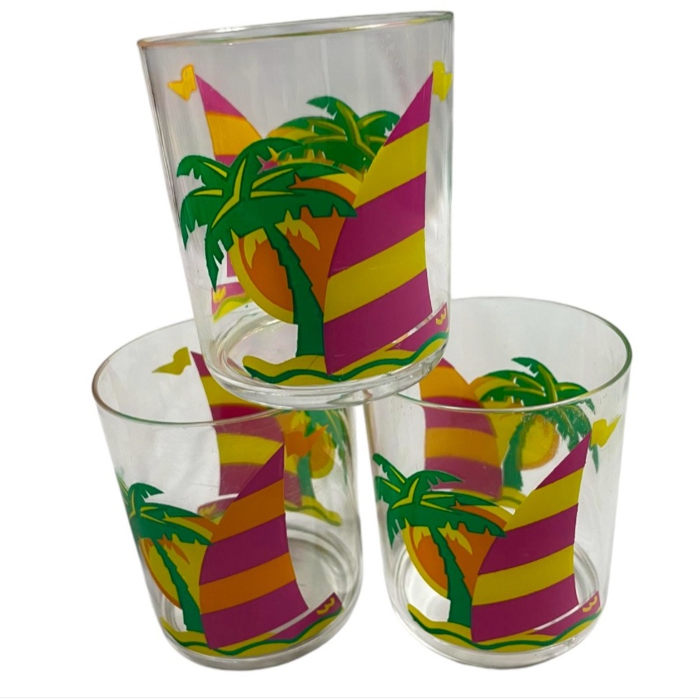 Tropical Palm Tree plastic outdoor picnic Glasses Set bbq bench 1990 rétro kitch